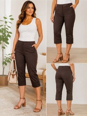 Tribella Sport Brown Stretch Capri Pants Size 16 Button Hem Career Casual